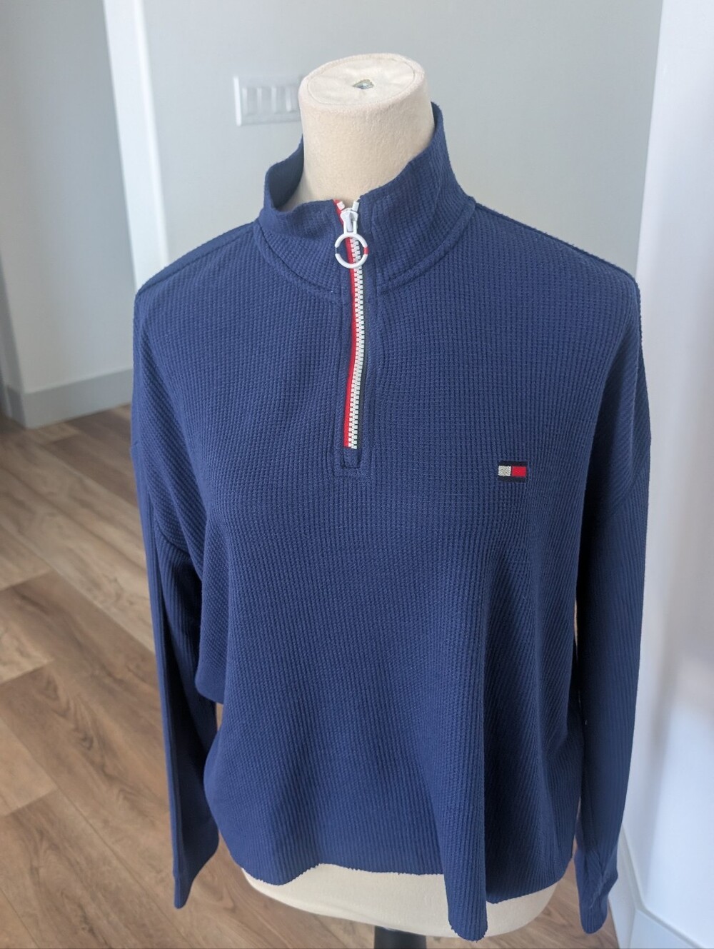 Tommy Hilfiger Navy Half-Zip Waffle Knit Pullover with Signature Trim